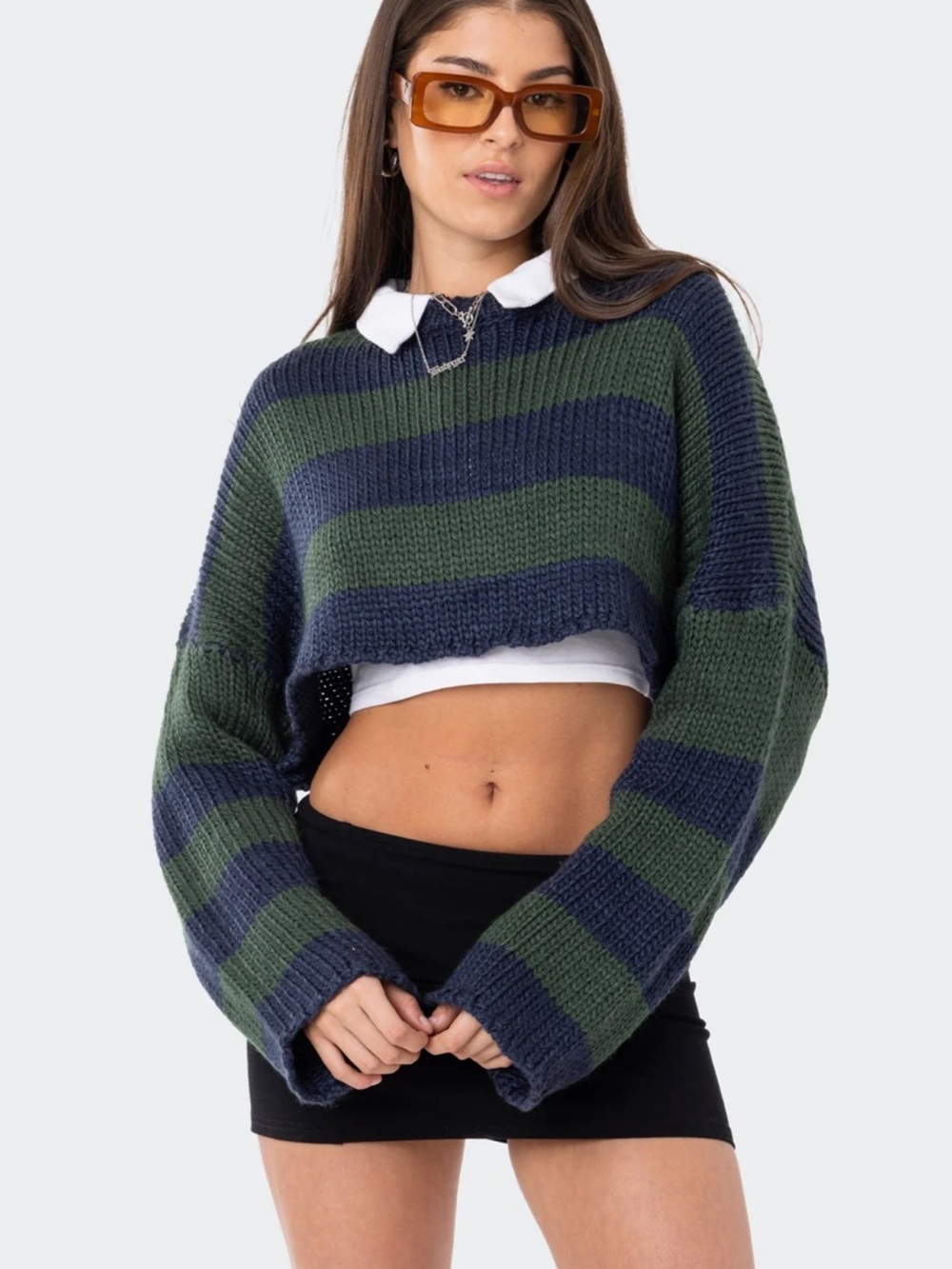 Edikted “Ozzy Cropped Knit Sweater” Green and Navy Stripes
